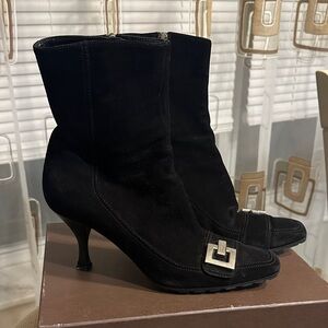 Sergio Rossi Black Suede Heeled Boots with Silver Buckle